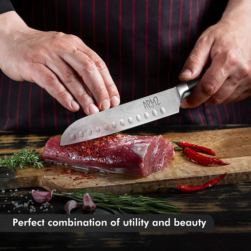 ARMZ Santoku Knife - Dishwasher Safe Japenese Chef Knife - Rust Resistant - 7 Inch - Multifunctional Chopping Knife for Meat and Vegetables - Includes Pakkawood Handle and Gift Box