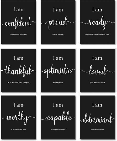 9 Pieces Inspirational Motivational Wall Art Office Bedroom Wall Art, Daily Positive Affirmations for Men Women Kids Inspirational Posters Inspirational Positive Quotes Sayings Wall Decor (Black)