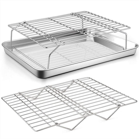 Baking Sheet and 2-Tier Cooling Racks Set, P&P CHEF Stainless Steel Baking Pan Tray with Stackable Cooking Wire Rack for Cookie Bacon Meat, Uncoated & Non-toxic , Mirror Finish& Dishwasher Safe - 3Pcs