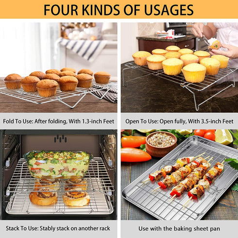 Baking Sheet and 2-Tier Cooling Racks Set, P&P CHEF Stainless Steel Baking Pan Tray with Stackable Cooking Wire Rack for Cookie Bacon Meat, Uncoated & Non-toxic , Mirror Finish& Dishwasher Safe - 3Pcs