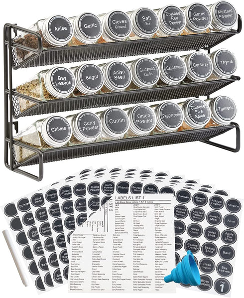 3 Tier Spice Rack Organizer with 21 Empty Spice Jars, 386 Spice Labels, Chalk Marker and Funnel Set for Countertop Cabinet Pantry or Wall Door Mount