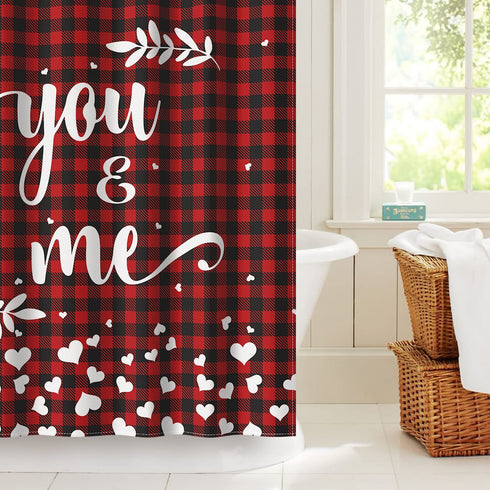 AVOIN colorlife Valentine's Day Red Shower Curtain, 72 x 72 Inch You and Me Buffalo Plaid Decorative Waterproof Bath Curtain Set with 12 Hooks