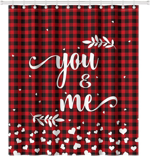 AVOIN colorlife Valentine's Day Red Shower Curtain, 72 x 72 Inch You and Me Buffalo Plaid Decorative Waterproof Bath Curtain Set with 12 Hooks