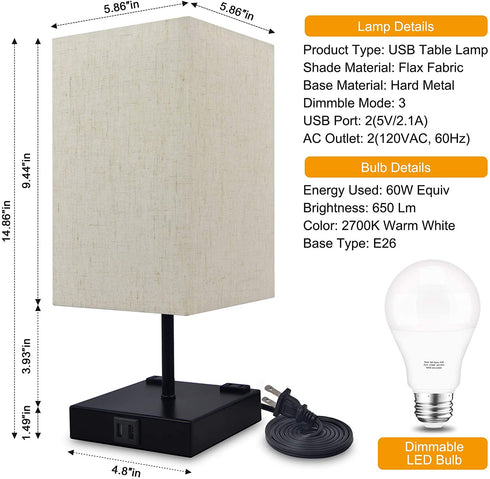3-Way Touch Control Dimmable Bedside Lamp,Hansang Modern Table Lamp with 2 USB Charging Ports,2 AC Outlets,Nightstand Lamp Square Fabric Lampshade for Bedroom,Living Room,Dimmable LED Bulb Included