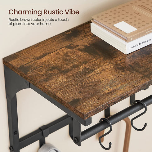 VASAGLE Laundry Room Shelf Wall Mounted, Coat Rack Shelf, with 8 Removable Hooks, for Entryway, Living Room, Kitchen, Bedroom, 15.7 x 9.4 x 9.4 Inches, Rustic Brown and Black ULCR103B01