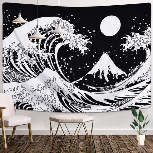 Japanese Wave Tapestry,Kanagawa Great Wave Wall Tapestry, Wave Tapestry with Sun Tapestries, Black and White Tapestry for Room