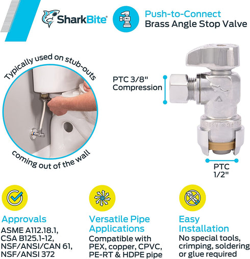 SharkBite 23036-0000LF Compression Angle Stop Valve, 1/2 Inch x 3/8 Inch Push-to-Connect, PEX, Copper, CPVC, PE-RT