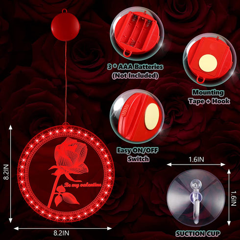 Valentine's Day Lighted Window Decorations, 8.2 inch Valentines Window Lights Battery Operated, Backdrop String Lights for Windows Bedroom Party Holiday Wall Decorations (Rose Style)