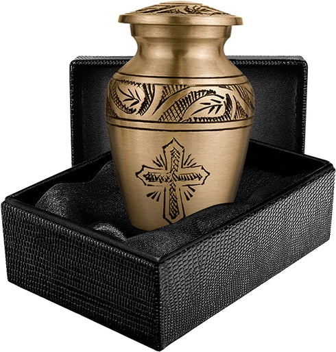 Bronze Cross Beautiful Small Mini Keepsake Urn for Human Ashes - Qnty 1 - With Velvet Bag