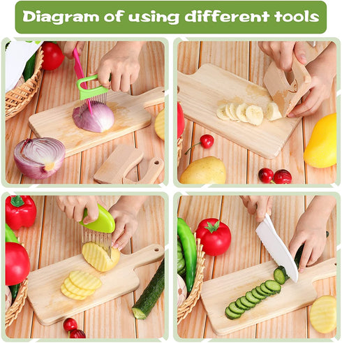9 Pieces Wooden Kids Kitchen Knife, Include 6 Pieces Kids Plastic Knife Wooden Kids Knife Potato Slicers and Onion Slicer Wood Kids Knife Kids Plastic Knife for Kitchen (Fish Style)
