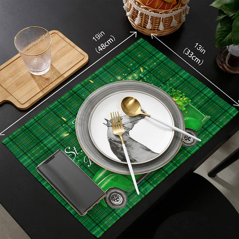 WARM TOUR Placemats for Dining Table Set of 4, St. Patrick's Day Green Truck and Lucky Clover Table Mats Washable Cotton Linen Non-Slip Green Grid Placemats for Home Kitchen Tables Decoration