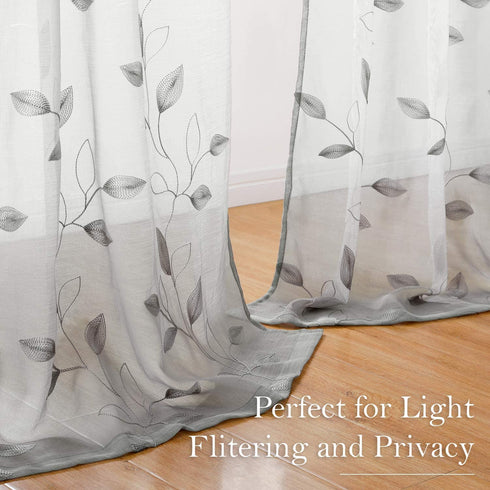 HOMEIDEAS Light Grey/Gray Sheer Curtains 52 X 96 Inches Long 2 Panels Embroidered Leaf Pattern Pocket Faux Linen Floral Semi Sheer Voile Window Curtains/Drapes for Bedroom Living Room