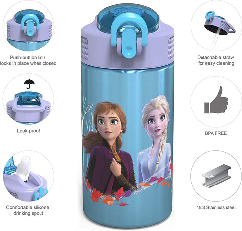 Zak Designs Disney Frozen 2 Kids Water Bottle Set with Reusable Straws and Built in Carrying Loops, Made of Durable Stainless Steel & Plastic, Leak-Proof Bottle Design (Elsa/Anna, BPA-Free, 2pc Set)