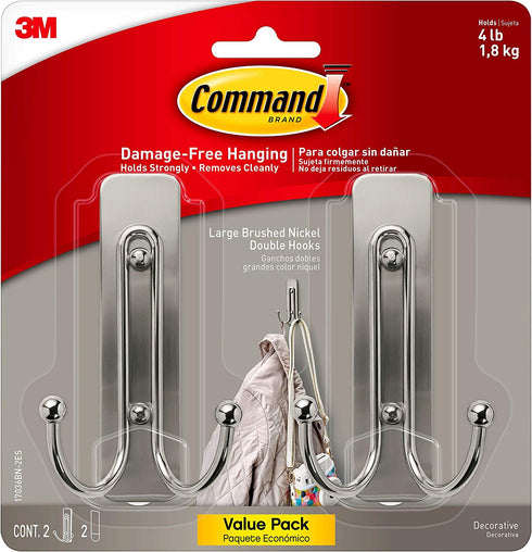 Command Large Wall hooks, 2 Pack, Brushed Nickel, Organize Damage-Free