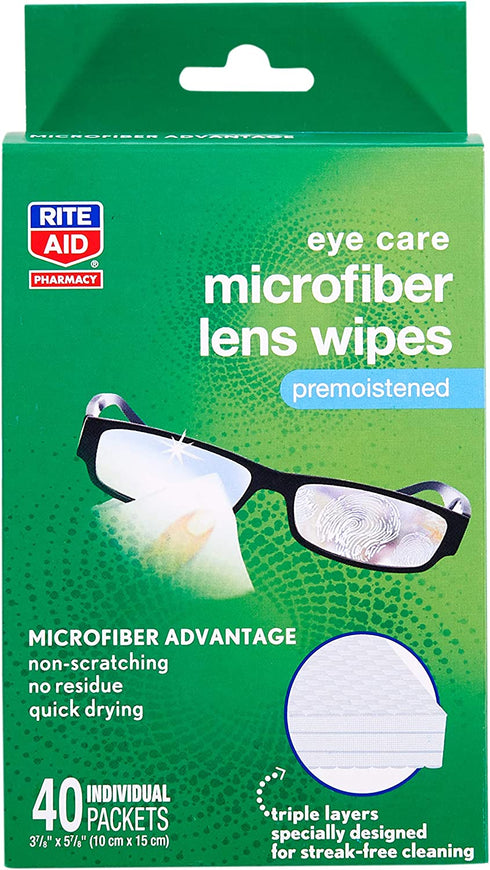 Rite Aid Eye Care Microfiber Lens Wipes, Premoistened, Individually Wrapped Packets - 40 Count | Quick Drying, Anti-Streak Formula| Eyeglass Cleaning Wipes | Eye Glass Cleaner and Cloths | Lens Wipes