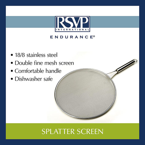 RSVP International Splatter Screen, One Size - Fine Mesh Stainless Steel, 10" in Diameter with 6.25" Handle |Keeps its Shape & Construction Over Time | Dishwasher Safe, 10 Inch, Multi Color