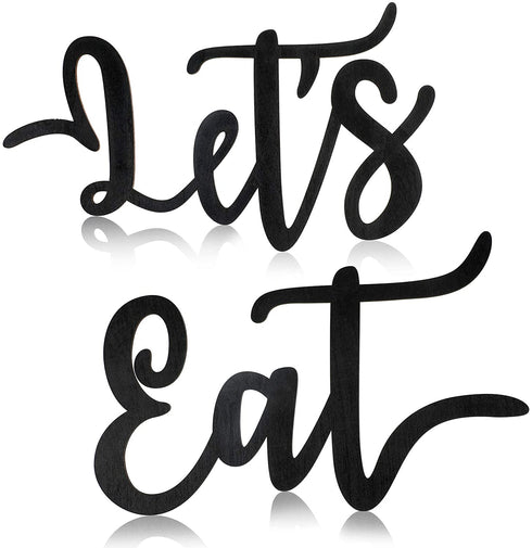 2 Pieces Wooden Let's Eat Sign, Rustic Black Cutout Eat Kitchen Decor, Kitchen Hanging Wall Plaque Farmhouse Wall Sign for Home Kitchen Dining Living Room Decoration