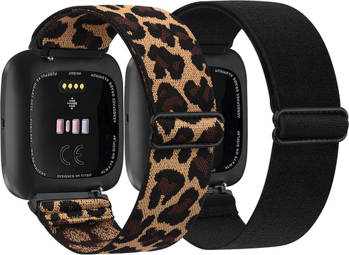 2 Pack Elastic Bands Compatible with Fitbit Versa 2 / Versa/Versa Lite/Versa SE for Women Men, Adjustable Nylon Sport Stretchy Wristband for Fitbit Versa/Versa 2 (Black+Leopard)