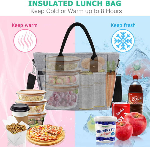 KIPBELIF Insulated Lunch Bags for Women - Large Tote Adult Lunch Box for Women with Shoulder Strap, Side Pockets and Water Bottle Holder, Gray, Normal Size