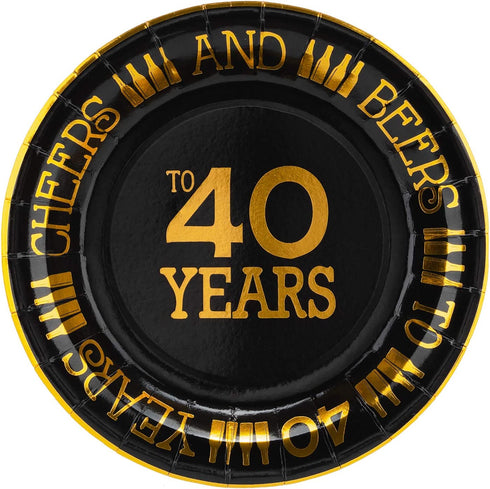 Crisky 40th Birthday Plates Black and Gold Dessert, Buffet, Cake, Lunch, Dinner Plates for 40th Birthday Decorations Party Supplies, Cheers to 40 Years! 50 Count, 9" Plate