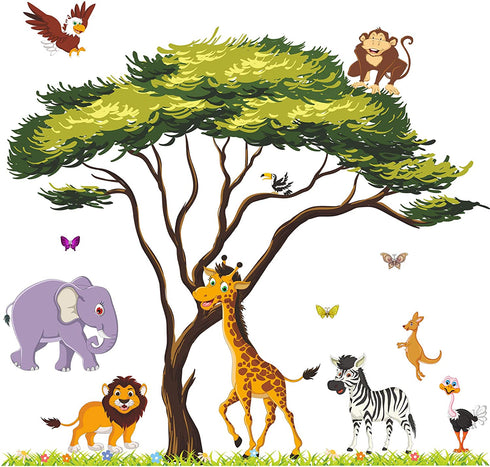 RW-1074 Cartoon Jungle Animal Wall Decals 3D Large Green Tree Wall Stickers DIY Removable Giraffe Lion Elephant Grass Wall Art Decor for Kids Baby Bedroom Living Room Nursery Playroom Home Decoration