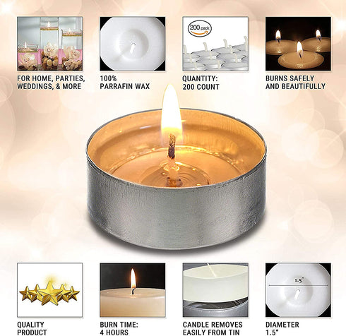 Ohr Tealight Candles - 200 Pack Bulk Tea Lights Candles - White Tealights Unscented - 4 Hour Burn Time