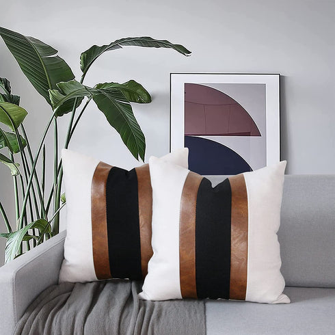 Pyonic Set of 2 Farmhouse Pillow Covers 18x18 Inch Faux Leather and Linen Throw Pillow Covers Decorative Black and White Accent Cushion Covers for Couch Sofa