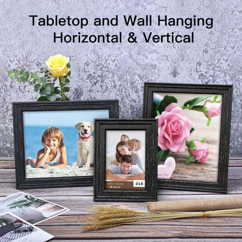Picture Frames 5x7 Black (set of 6 Pack) - Rustic Farmhouse Wooden Frame - Photo Frame with Polished High Definition Glass for Table Top and Wall Mounting