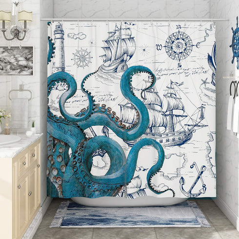DESIHOM Cool Octopus Shower Curtain Anime Nautical Shower Curtain Teal Kraken Shower Curtain Sailboat Pirate Shower Curtain Polyester Fabric-72" x 72"