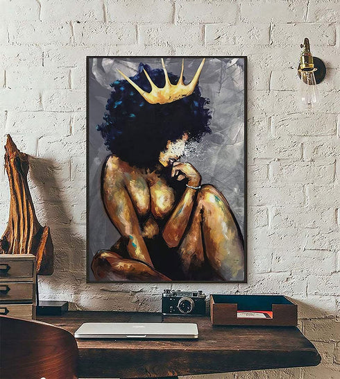 Black Women Canvas Wall Art African American Black Queen Women Wall Art Abstract Black Art Fashion Contemporary Artwork- Queen Think For Living Room Bedroom No Frame 16x24 Inch