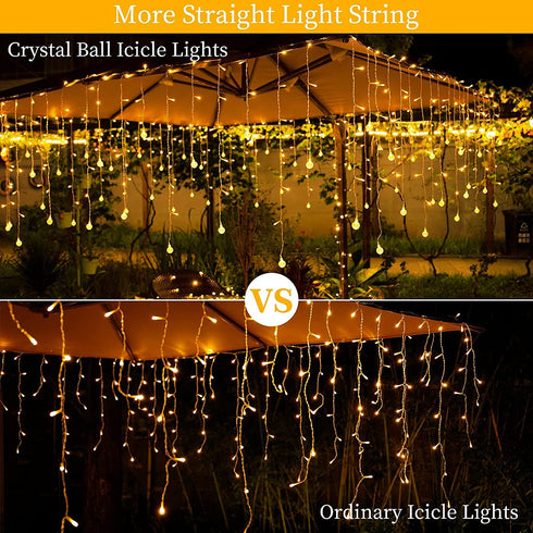 Quntis 32.8FT 400 LED Christmas Icicle Lights Outdoor, Warm White Icicle Lights with 80 Drops Crystal Ball, 8 Modes Curtain Fairy Light Waterproof for Valentine's Day Xmas Wedding Party Decorations