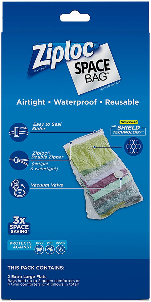 Ziploc Space Bag Clothes Vacuum Sealer Storage Bags for Home and Closet Organization, XL, 2 Bags Total