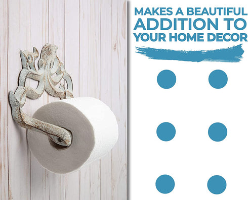 Decorative Cast Iron Octopus Toilet Paper Roll Holder Wall Mounted Octopus D©cor for Bathroom Kraken, Nautical Bathroom Accessories Easy to Install with Included Screws and Anchors - Rust White