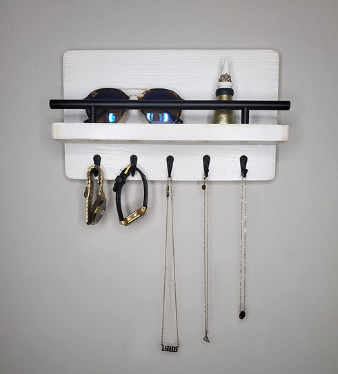 Ripple Creek Key Holder for Wall and Mail Shelf, Decorative Wooden Wall Rack for Keys, Letters, Bills - Pine Wood Unique and Industrial Decor, Perfect for Entryway, Kitchen (Washed White, Large)