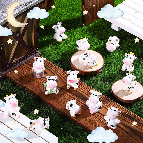 14 Pieces Mini Cute Cow Animals Miniature Figurines Toys Cow Cake Toppers Resin Garden Miniature Moss Landscape DIY Terrarium Crafts Ornament for Cake Decoration Garden Home Party Decor