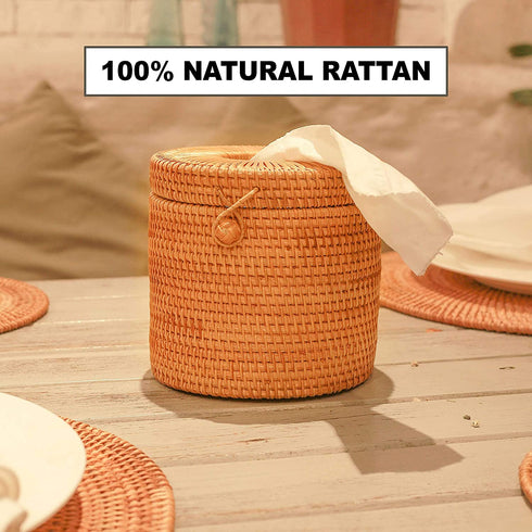 CLAYNIX Rattan Round Tissue Box Wicker Toilet Paper Holder Single Roll Cover Protector Circle Container Dispenser with Lid for Bathroom Vanity, Toilet Tank, Home Decor, Hotel, Office, Car Accessories