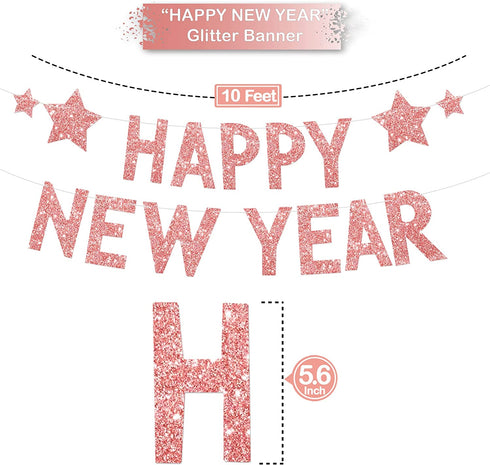 Happy New Year Decorations 2022 Set - Rose Gold Glitter Happy New Year Banner, No DIY | Rose Gold Fringe Curtain for Happy New Year Backdrop | New Years Eve Party Supplies 2022, New Years Decorations