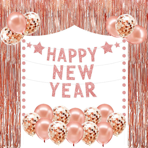 Happy New Year Decorations 2022 Set - Rose Gold Glitter Happy New Year Banner, No DIY | Rose Gold Fringe Curtain for Happy New Year Backdrop | New Years Eve Party Supplies 2022, New Years Decorations