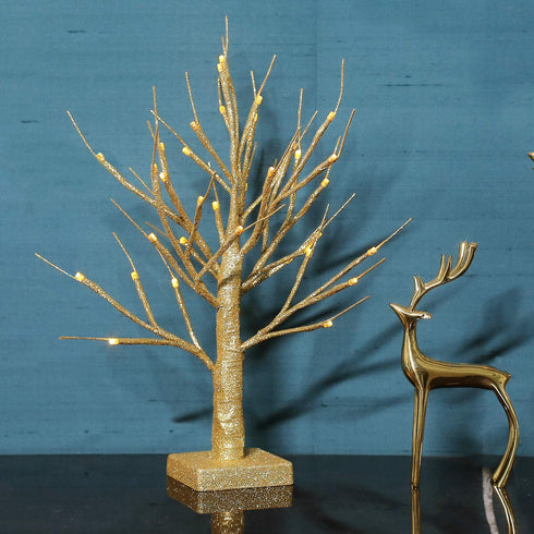 Brightdeco Lighted Gold Glitter Birch Tree 18" H 36 LED Artificial Bonsai Lamp Money Tree for Indoor Use Great Décor for Home Bedroom Halloween Thanksgiving Christmas Easter Wedding Party Warm White