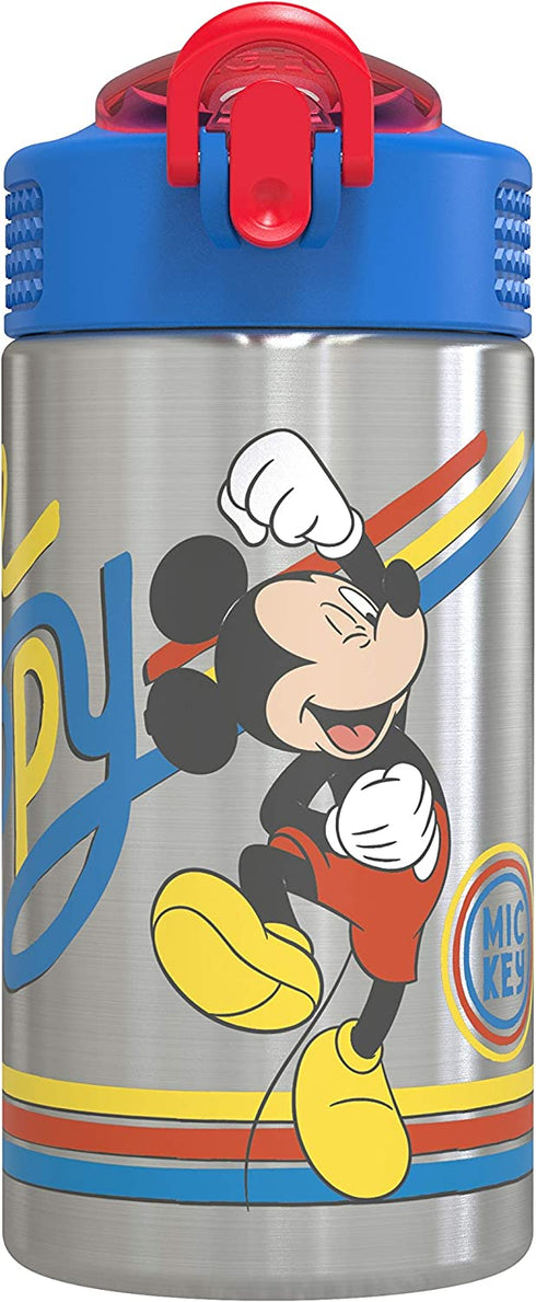 Zak Designs Disney 18/8 Single Wall Stainless Steel Kids Water Bottle with Flip-up Straw Spout and Locking Spout Cover, Durable Cup Stays Clean for Sports or Travel (15.5oz, Non-BPA, Mickey Mouse)