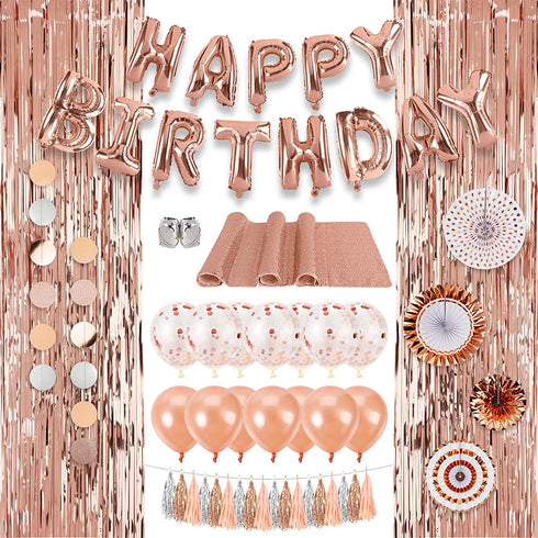 DECORLIFE Rose Gold Birthday Decorations, Happy Birthday Decorations for Girls and Women, Brilliant Table Runner, Circle Garlands and Hanging Paper Fans Included, for Sweet 16, 23 50 70th Birthday
