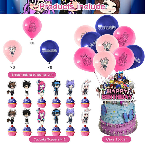 32 Pcs Gacha Life Theme Birthday Party Decorations,Party Supply Set for Kids with 1 Happy Birthday Banner Garland , 13 Cupcake Toppers,18 Balloons for Party Decorations