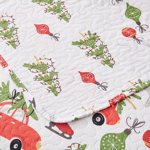 Kids Quilts Set King Size, Boy Tree Bedding Lightweight Reversible Red Bus Cartoon Bedspread Coverlet Gift Teens Child Holiday Decor (Red White, King)