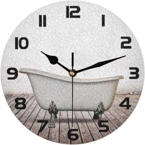 Wall Clock Vintage Bathtub Round Hanging Clock, 10 Inch Silent Non-Ticking Battery Operated Quartz Analog Quiet Desk Clock for Home, Kitchen, Bathroom Office, Living Room or School