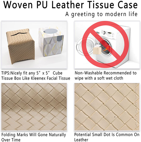 LURRIER Tissue Box Cover, Modern Woven PU Leather Square Tissue Box Holder, Decorative Box for Bathroom Vanity Countertop, Night Stands, Office Desk & Car 5"x5"x5" (Sandy)