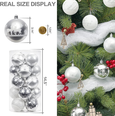 Super Holiday 20PCS Christmas Ball Ornaments Set, Shatterproof Handpainted Decoration for Xmas Tree, Home Decor for Holiday, Party, Birthday, Wedding, Anniversary, Christmas- 80mm/3.14", Sliver/White.