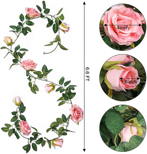 Meiliy 5 Pack 6.6 FT Artificial Flower Garland,Fake Pink Rose Hanging Flower Vines for Home Wedding Party Decor