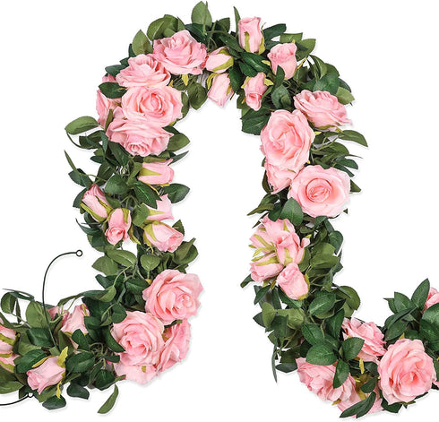 Meiliy 5 Pack 6.6 FT Artificial Flower Garland,Fake Pink Rose Hanging Flower Vines for Home Wedding Party Decor