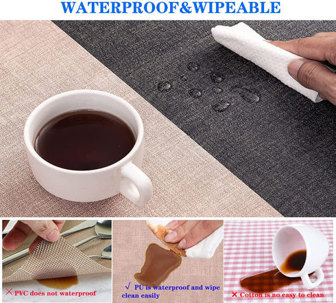 Myir JUN Placemats Washable, Place Mats Faux Leather Double Side , Placemat Easy to Clean Heat Resistant, Table Mat Waterproof Stain Resistant Wipeable , Anti-Slip Table Mats Set of 4 (Grey/Blue)