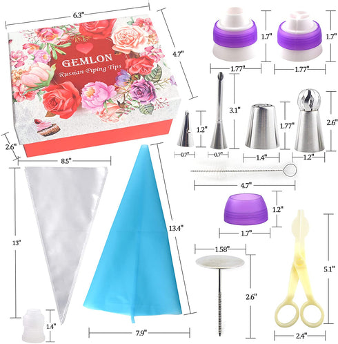 GEMLON Russian Piping Tips Cake Decorating Supplies - 88 Baking Supplies Set - 49 Icing Piping Tips - 3 Russian Ball Piping Tip, Flower Frosting Tips, Bakes Flower Nozzles-Large Cupcake Decorating Kit